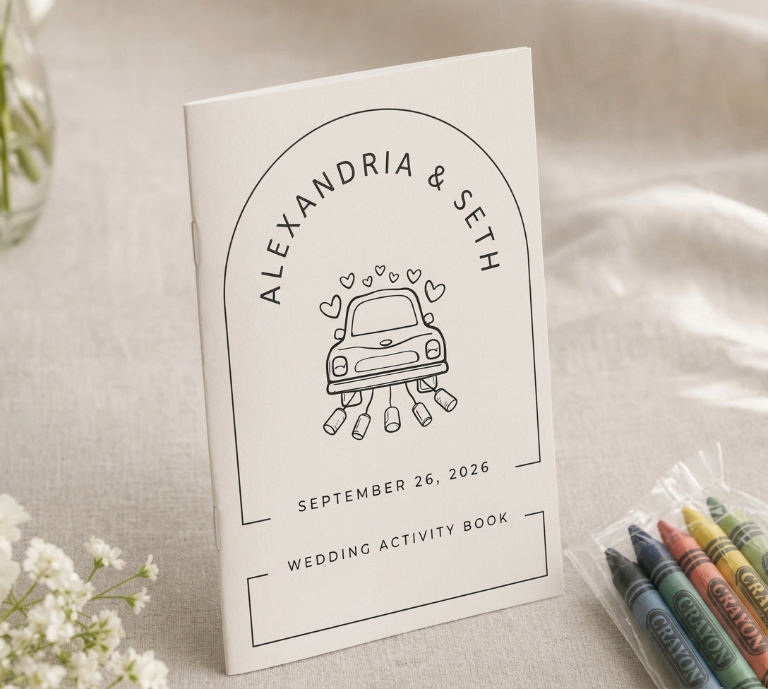 Alexandria and Seth Just Married car design wedding activity book, arch cover