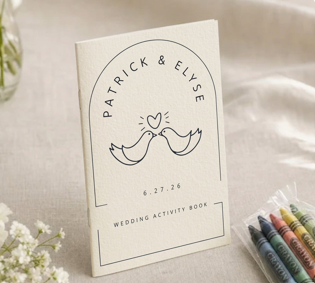Patrick and Elyse personalized wedding activity book, love birds design