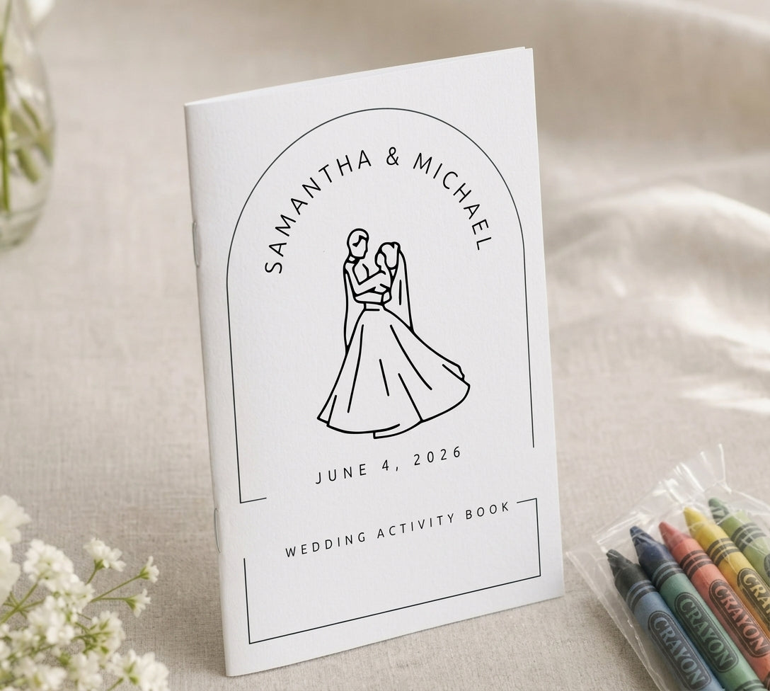 Samantha and Michael personalized wedding activity book, bride and groom design