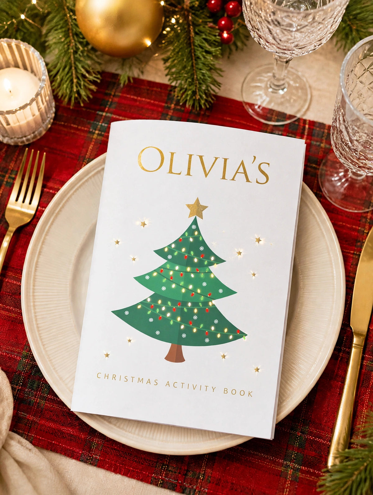 Personalized Christmas activity book with tree cover design