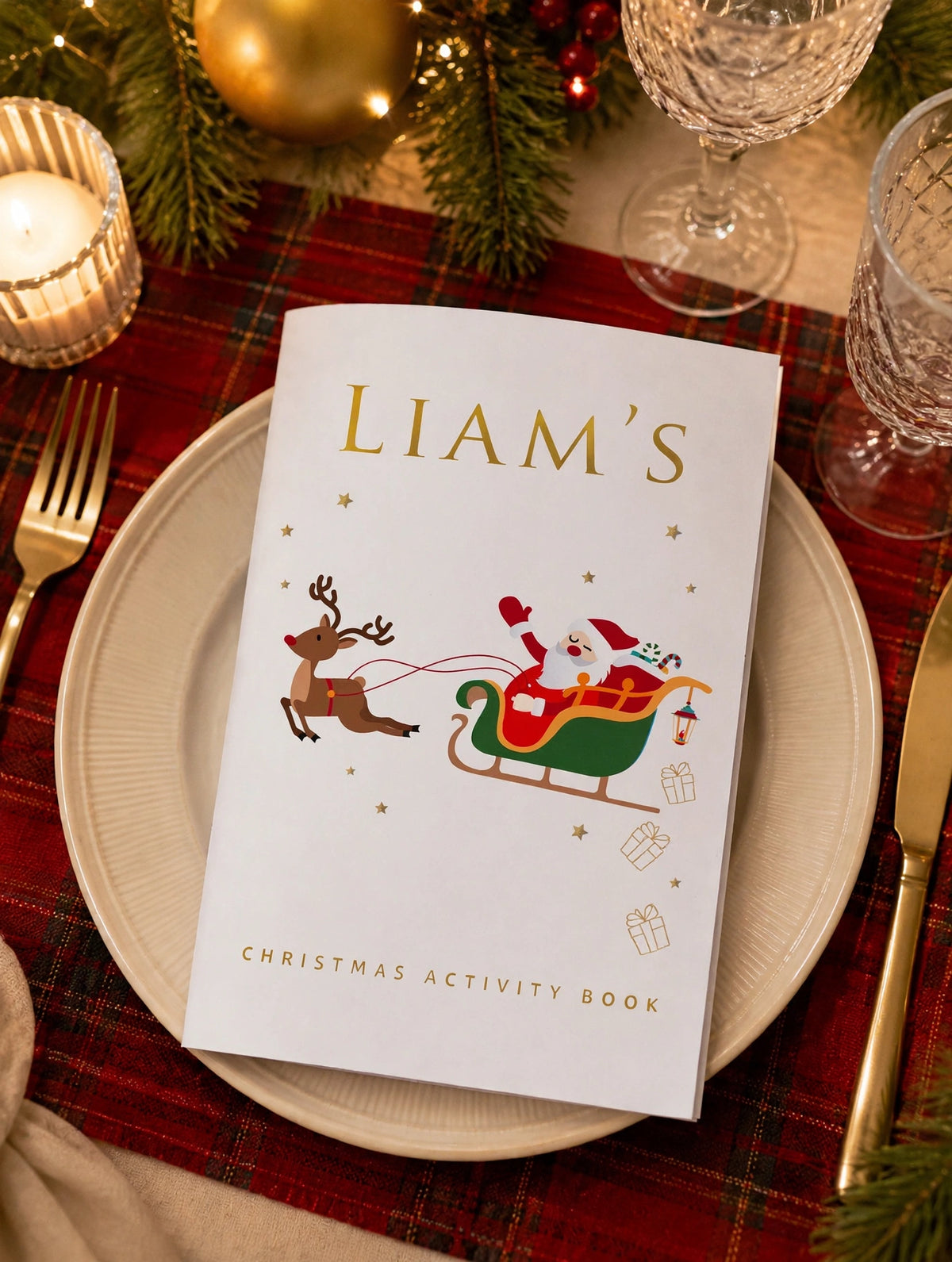 Personalized Christmas activity book with Santa sleigh cover design