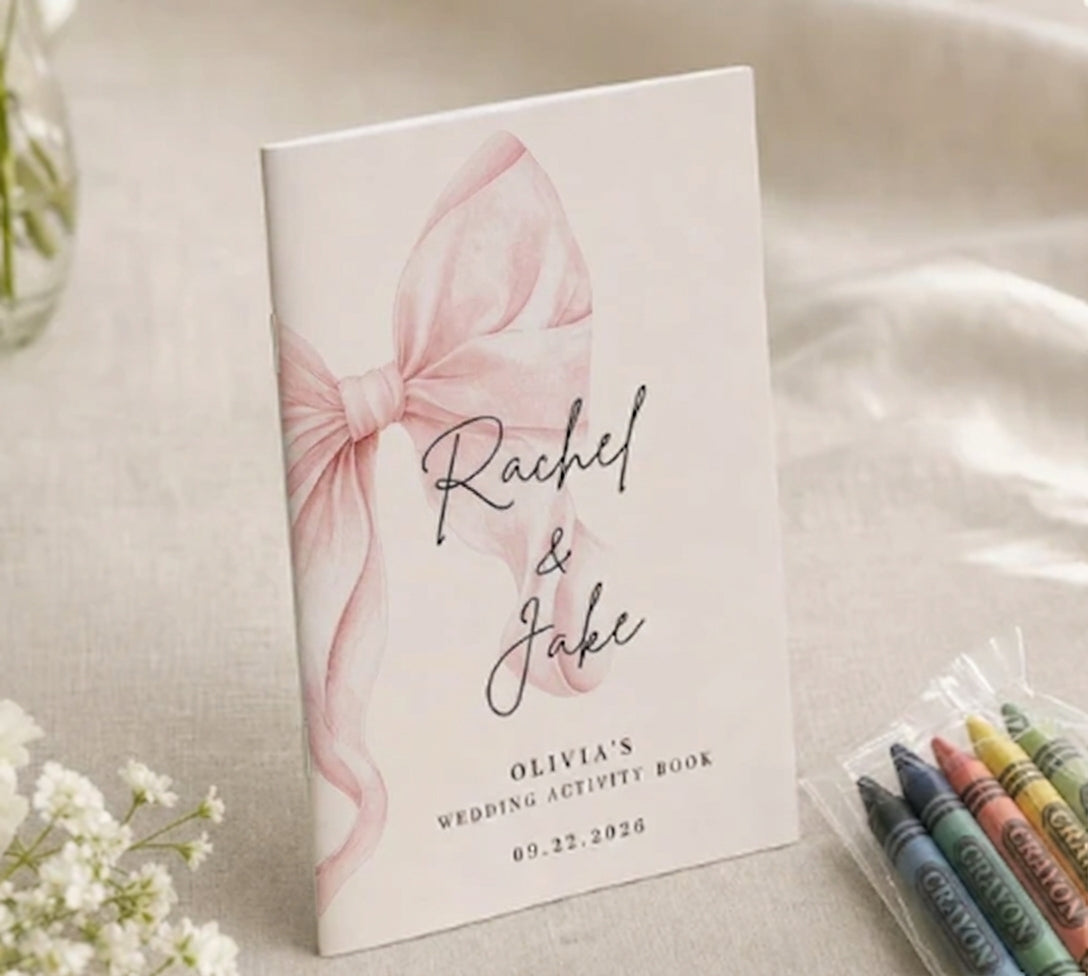 Rachel and Jake personalized wedding activity book, pink bow design