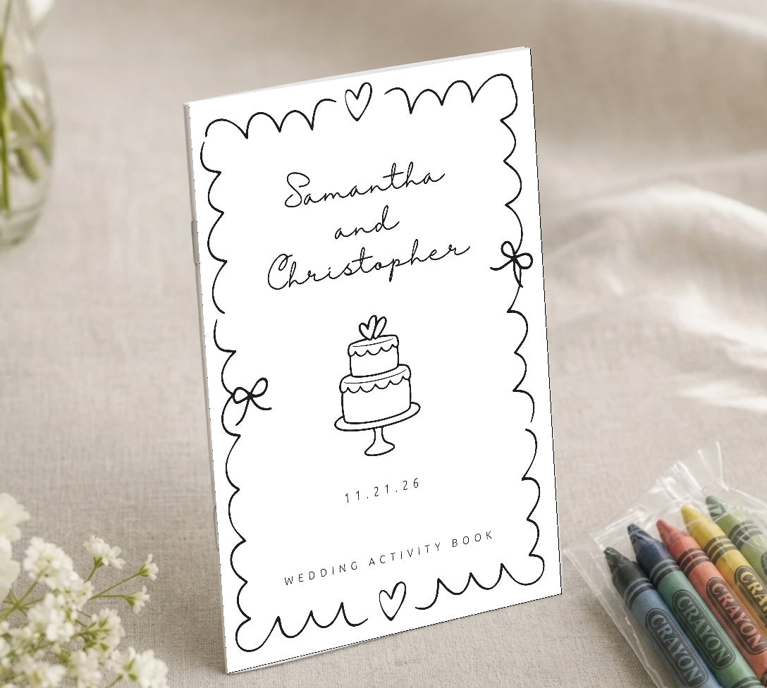 Personalized scalloped frame wedding cake activity book for kids