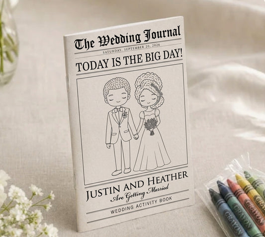 Justin and Heather wedding coloring book newspaper style cover, The Wedding Journal