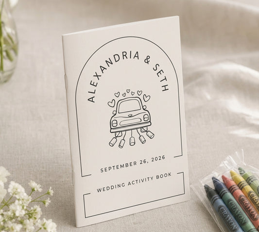 Alexandria and Seth Just Married car design wedding activity book, arch cover