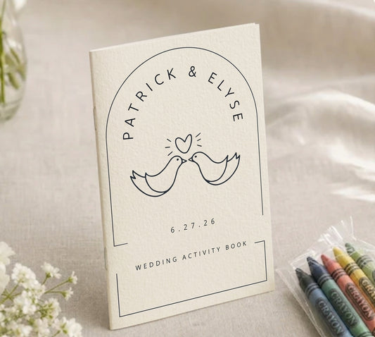 Patrick and Elyse personalized wedding activity book, love birds design