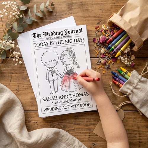 Sarah and Thomas wedding coloring book newspaper style cover, child coloring the bride's dress