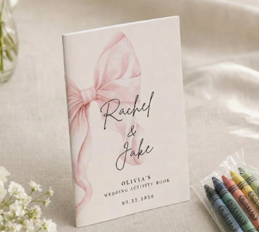 Rachel and Jake personalized wedding activity book, pink bow design