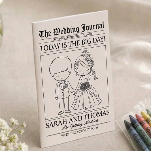 Sarah and Thomas wedding coloring book newspaper style cover, The Wedding Journal