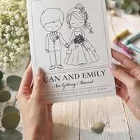 Personalized wedding activity book, newspaper style cover